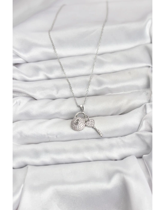 316L Çelik Zincir Gümüş Renk Kilit Anahtar Model Zirkon Taşlı Kadın Kolye