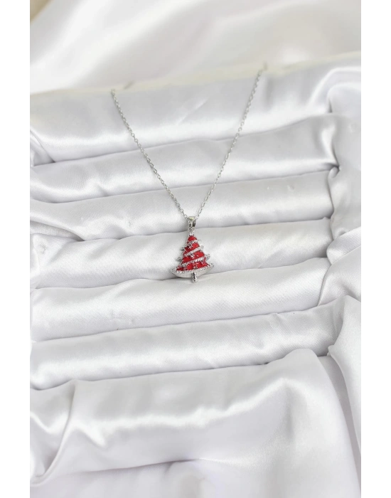 316L Çelik Zincir Gümüş Renk Kırmızı Çam Ağacı Model Yılbaşı Temalı Kadın Kolye