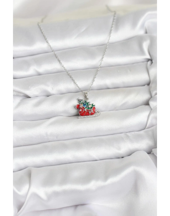 316L Çelik Zincir Gümüş Renk Kızak ve Çam Ağacı Figürlü Yılbaşı Temalı Kadın Kolye