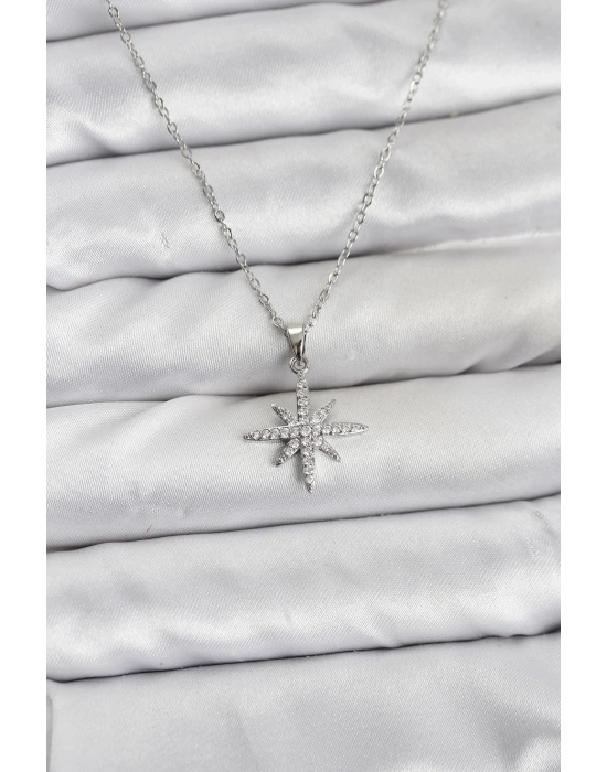 316L Çelik Zincir Gümüş Renk Kutup Yıldızı Model Zirkon Taşlı Kadın Kolye