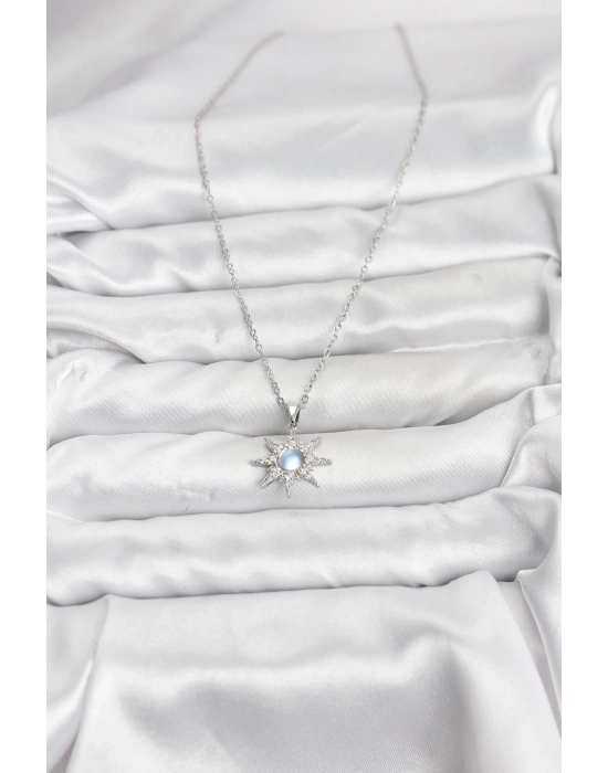 316L Çelik Zincir Gümüş Renk Kutup Yıldızı Model Zirkon Taşlı Kadın Kolye