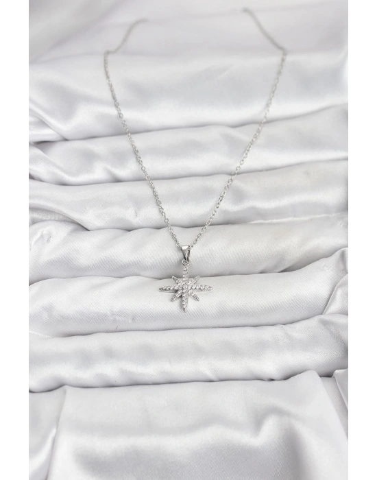 316L Çelik Zincir Gümüş Renk Kutup Yıldızı Model Zirkon Taşlı Kadın Kolye