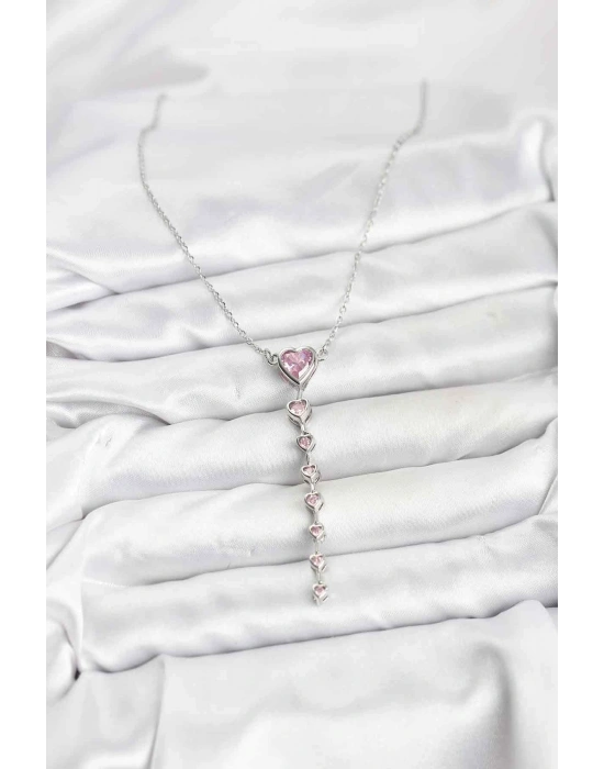 316L Çelik Zincir Gümüş Renk Pembe Kalp Kadın Kolye