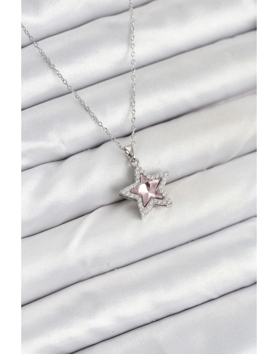 316L Çelik Zincir Gümüş Renk Pembe Taşlı Yıldız Model Kadın Kolye