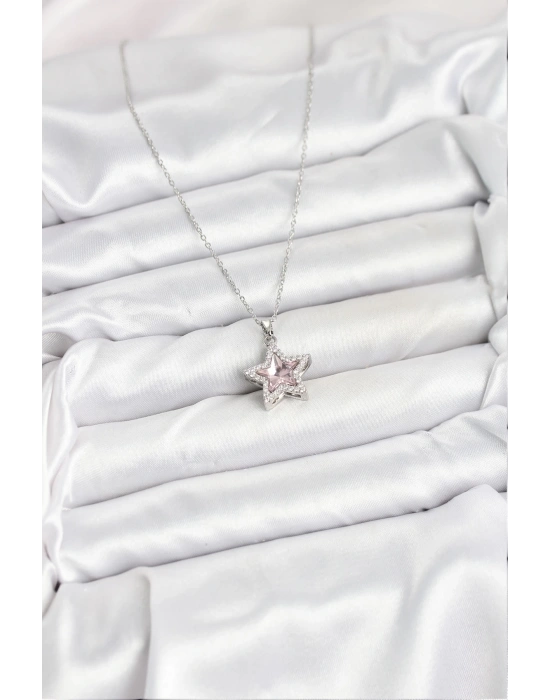 316L Çelik Zincir Gümüş Renk Pembe Taşlı Yıldız Model Kadın Kolye