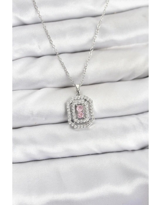 316L Çelik Zincir Gümüş Renk Plaka Model Zirkon Taşlı Kadın Kolye