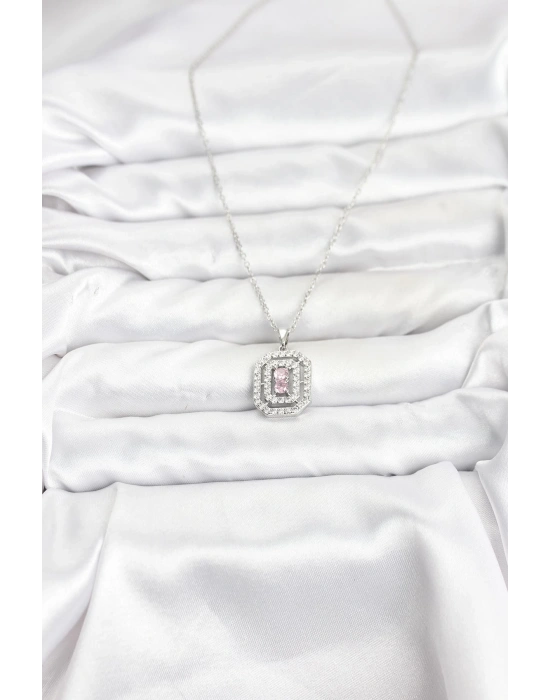 316L Çelik Zincir Gümüş Renk Plaka Model Zirkon Taşlı Kadın Kolye