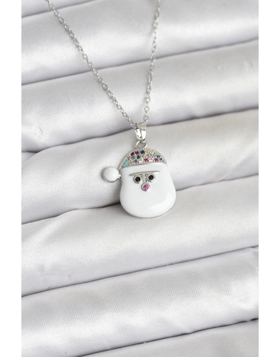 316L Çelik Zincir Gümüş Renk Şapkalı Kardan Adam Kafası Model Yılbaşı Temalı Kadın Kolye