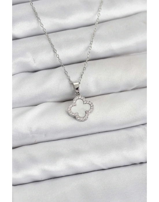 316L Çelik Zincir Gümüş Renk Sedefli Yonca Kadın Kolye