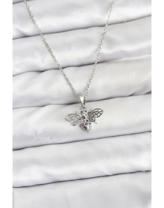 316L Çelik Zincir Gümüş Renk Sinek Model Zirkon Taşlı Kadın Kolye