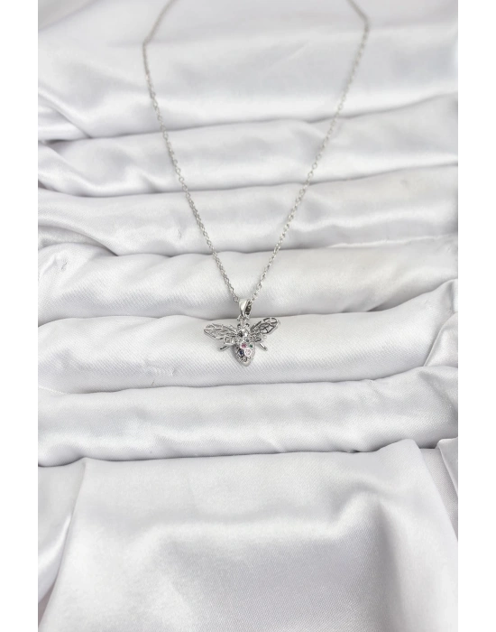 316L Çelik Zincir Gümüş Renk Sinek Model Zirkon Taşlı Kadın Kolye