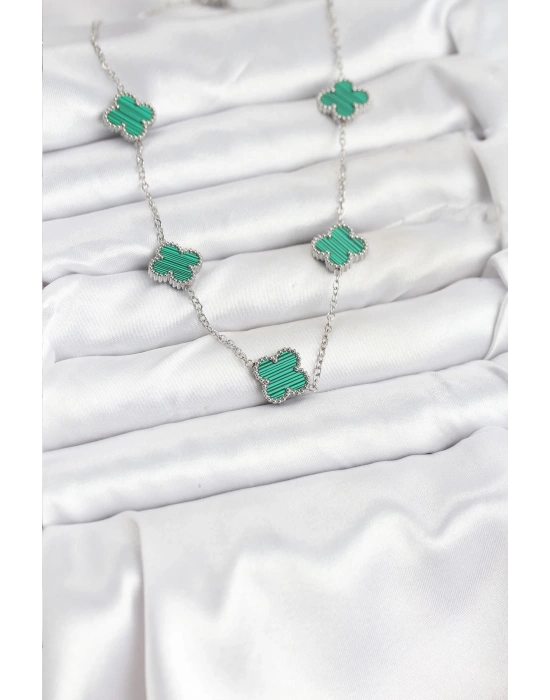 316L Çelik Zincir Gümüş Renk Yeşil Yonca Kadın Kolye