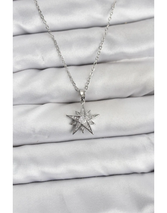 316L Çelik Zincir Gümüş Renk Yıldız Model Zirkon Taşlı Kadın Kolye