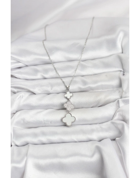 316L Çelik Zincir Gümüş Renk Yonca Detaylı Zirkon Taşlı Kadın Kolye