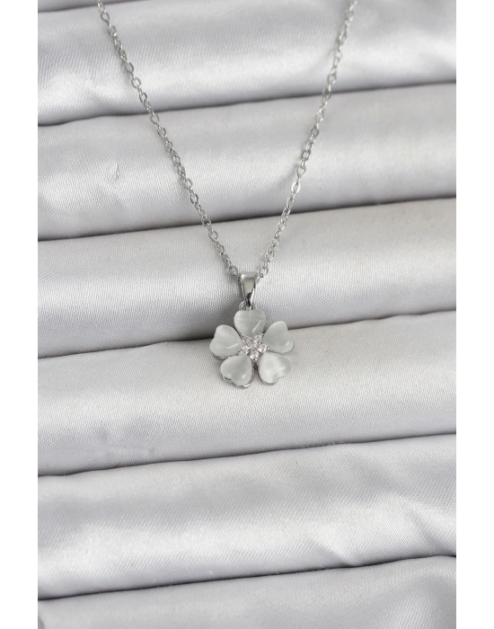 316L Çelik Zincir Gümüş Renk Yonca Model Kadın Kolye