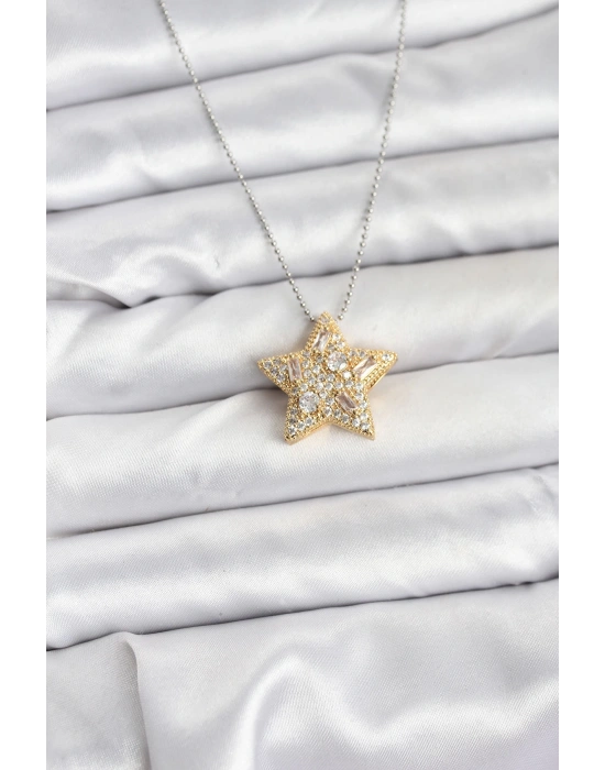 316L Çelik Zincir Gümüş Renk Zincirli Gold Yıldız Model Kadın Kolye