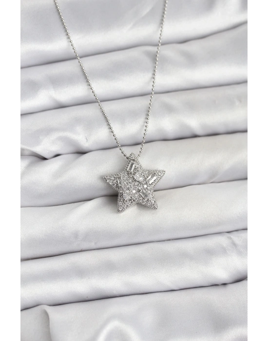 316L Çelik Zincir Gümüş Renk Zincirli Gümüş Yıldız Model Kadın Kolye
