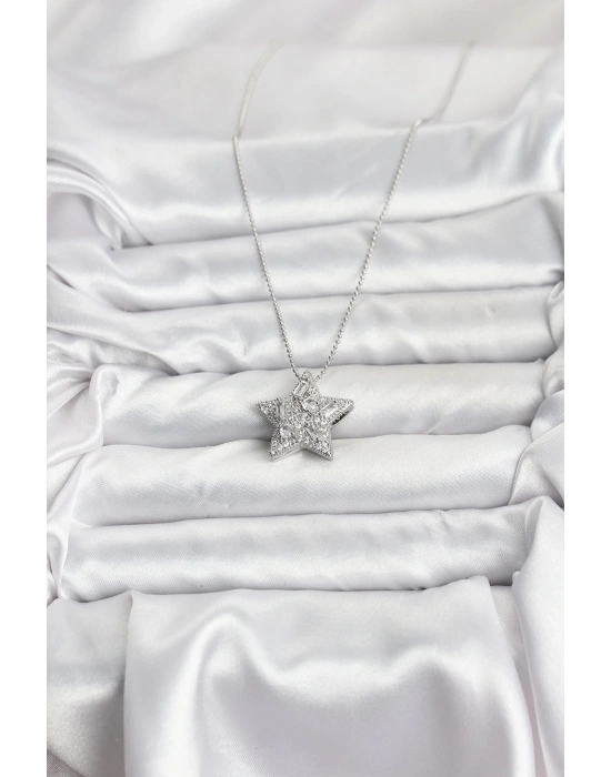 316L Çelik Zincir Gümüş Renk Zincirli Gümüş Yıldız Model Kadın Kolye