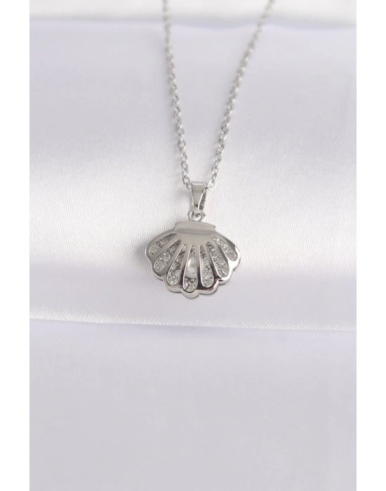 316L Çelik Zincir Gümüş Renk Zirkon Taşlı İnci Detay İstiridye Kolye