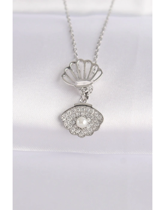 316L Çelik Zincir Gümüş Renk Zirkon Taşlı İnci Detay İstiridye Kolye