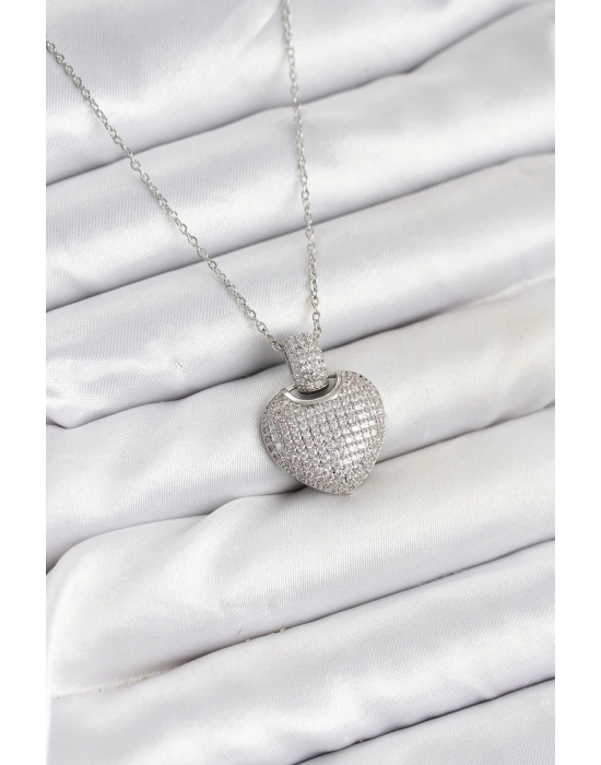 316L Çelik Zincir Gümüş Renk Zirkon Taşlı Kalpli Kadın Kolye