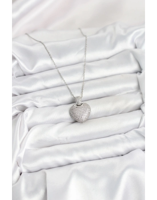 316L Çelik Zincir Gümüş Renk Zirkon Taşlı Kalpli Kadın Kolye