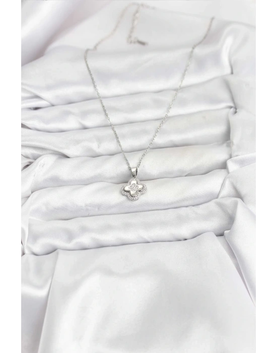 316L Çelik Zincir Gümüş Renk Zirkon Taşlı Yonca Model Kadın Kolye