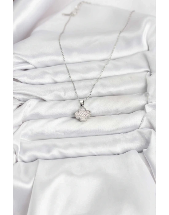 316L Çelik Zincir Gümüş Renk Zirkon Taşlı Yonca Model Kadın Kolye