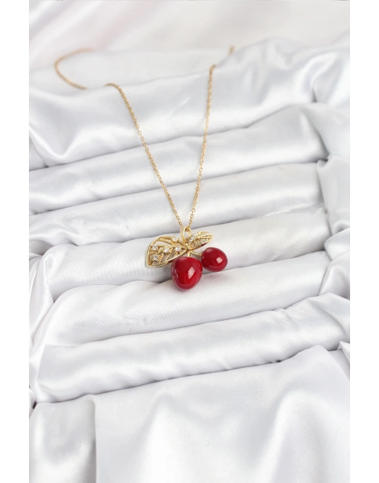 316L Çelik Zincir Yapraklı Kiraz Model Gold Renk Kadın Kolye