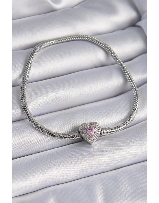 316L Çelik Zincir Zirkon Taşlı Kalp Figür Charm Model Kadın Bileklik
