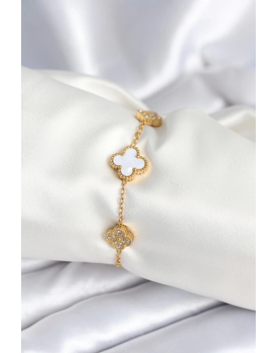 316L Çelik Zincir Zirkon Taşlı Yonca Beyaz Kadın Bileklik