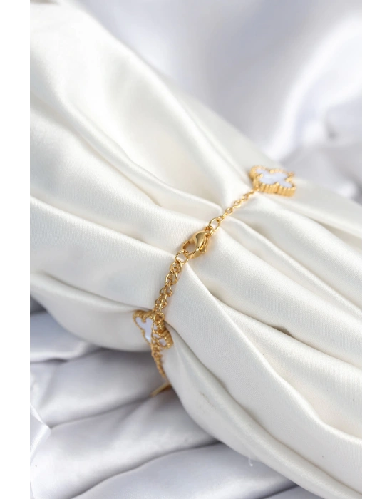 316L Çelik Zincir Zirkon Taşlı Yonca Beyaz Kadın Bileklik