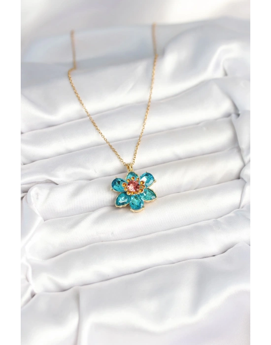 316L Çelik Zincirli Mavi Çiçek Model Kadın Kolye
