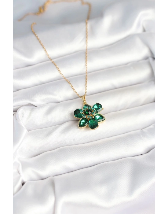 316L Çelik Zincirli Yeşil Çiçek Model Kadın Kolye