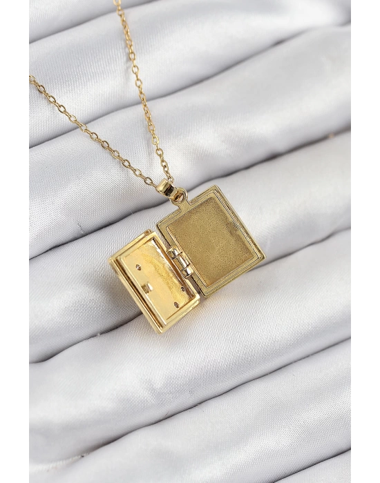 316L Çelik Zirkon Taşlı Açılabilr Kapaklı Kitap Model Gold Renk Kadın Kolye