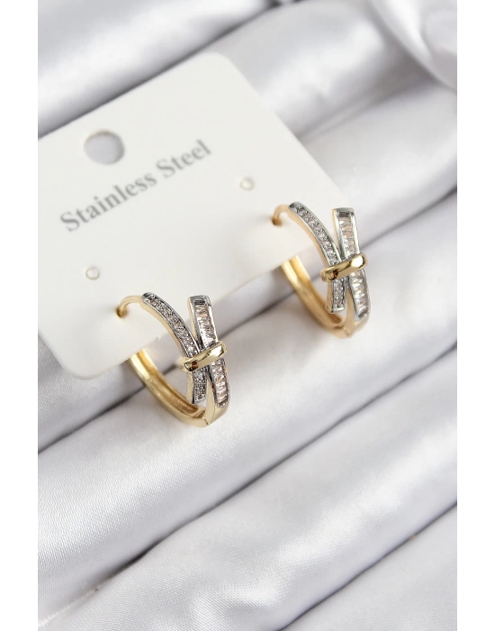 316L Çelik Zirkon Taşlı Düğüm Halka Model Gold Ve Gümüş Renk Kadın Küpe