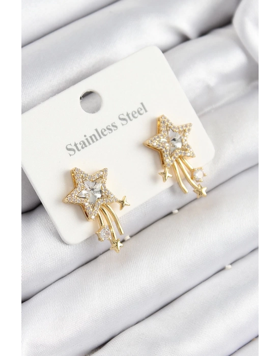 316L Çelik Zirkon Taşlı Kayan Yıldız Model Gold Renk Kadın Küpe