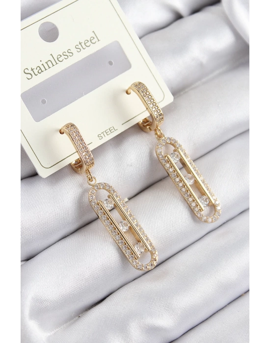 316L Çelik Zirkon Taşlı Sallantılı Messika Model Gold Renk Kadın Küpe