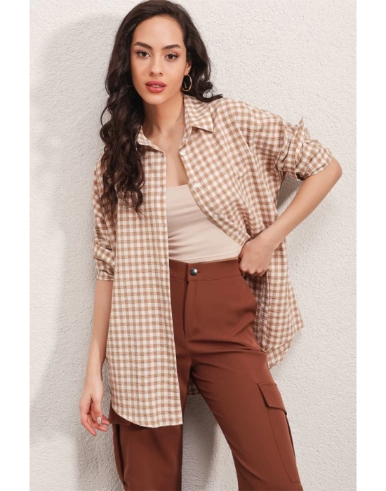 3900 Oversize Kareli Gömlek - Y.Bej