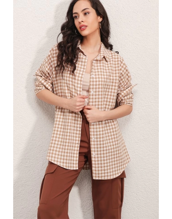 3900 Oversize Kareli Gömlek - Y.Bej