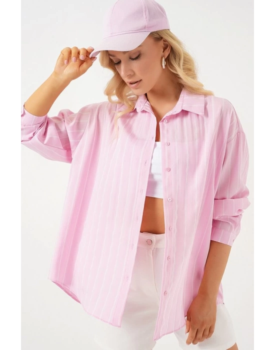 3900 Oversize Kareli Gömlek - Y.Pembe