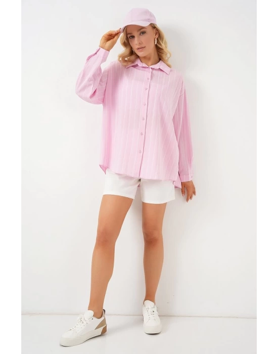 3900 Oversize Kareli Gömlek - Y.Pembe