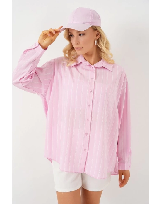 3900 Oversize Kareli Gömlek - Y.Pembe