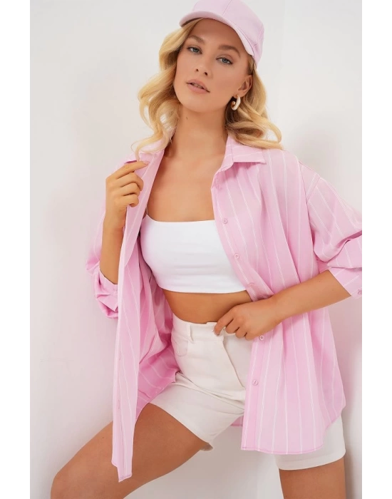 3900 Oversize Kareli Gömlek - Y.Pembe