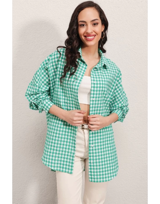 3900 Oversize Kareli Gömlek - Y.Yeşil
