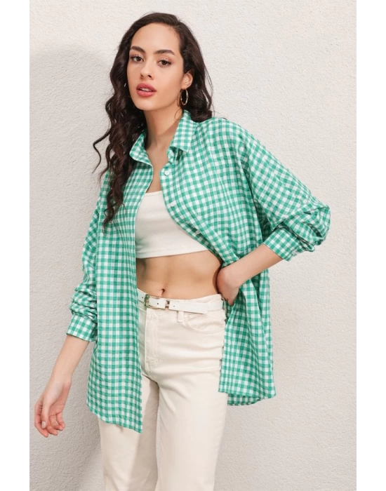 3900 Oversize Kareli Gömlek - Y.Yeşil
