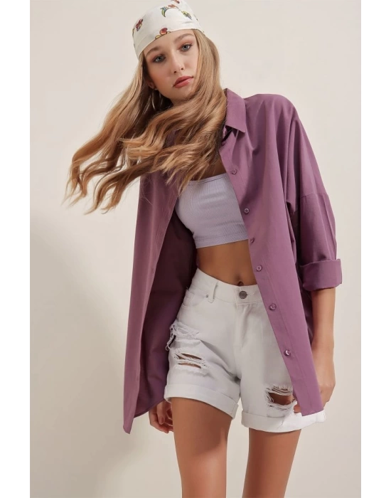 3900 Oversize Uzun Basic Gömlek - Koyu Lila