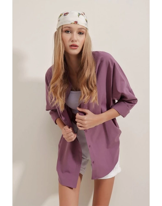 3900 Oversize Uzun Basic Gömlek - Koyu Lila