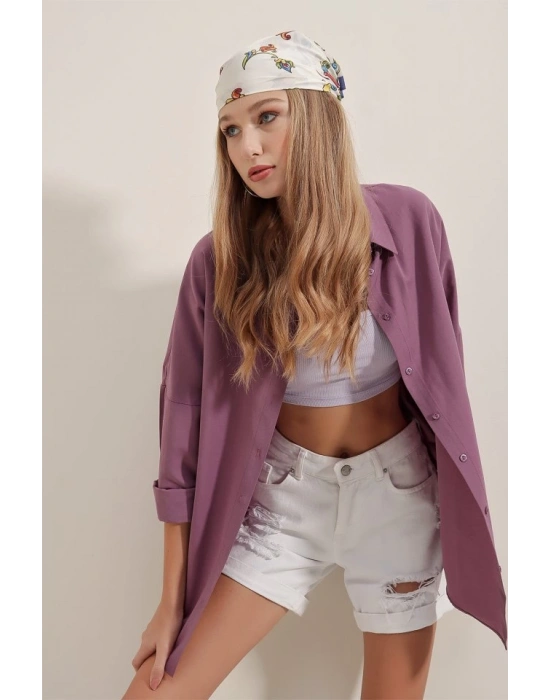3900 Oversize Uzun Basic Gömlek - Koyu Lila
