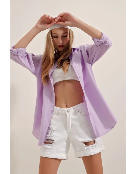 3900 Oversize Uzun Basic Gömlek - Lila